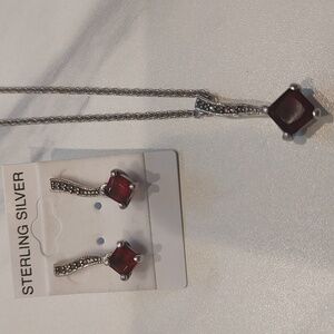 Art Deco Style Red Stone & Marcasite Set Pendant Earrings .925 Sterling Silver